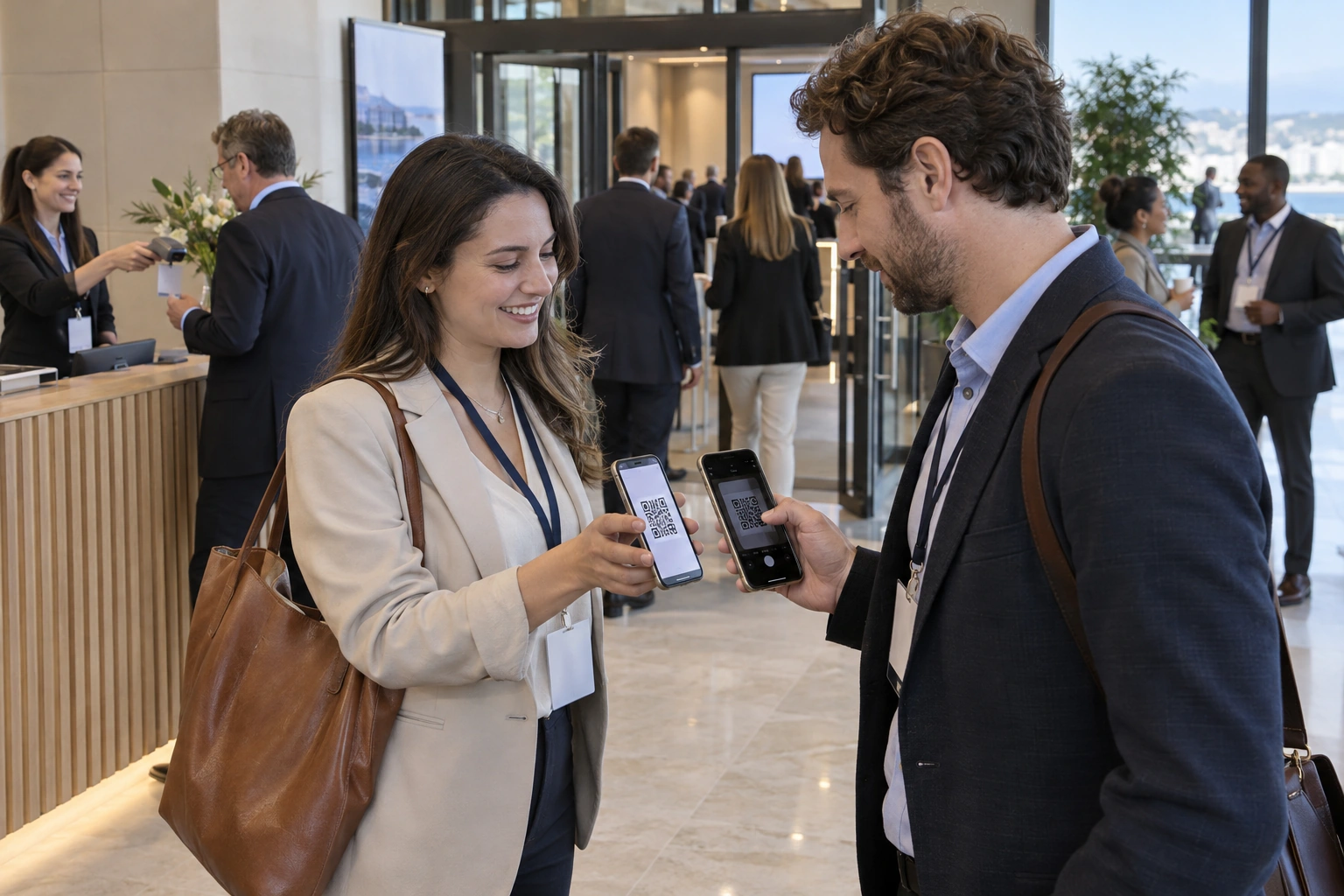 Professionisti scambiano contatti con QR code durante un evento, accanto al check-in