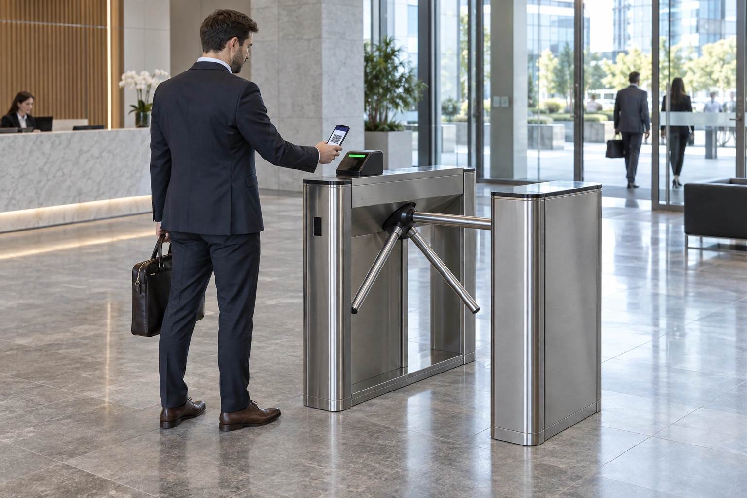 Un visitatore presenta il QR code al lettore di un tornello in reception