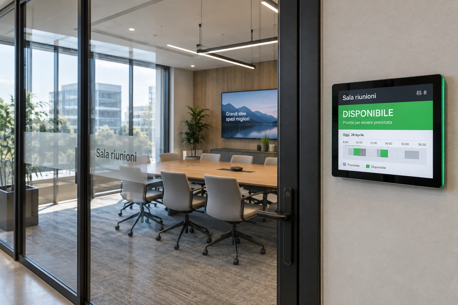 Sala riunioni vetrata con display di disponibilità accanto all’ingresso